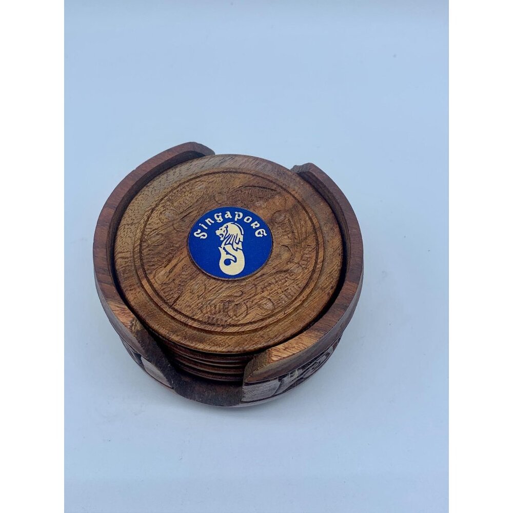 Singapore Merlion Hand Carved Wooden Coasters Set Of Six With Holder